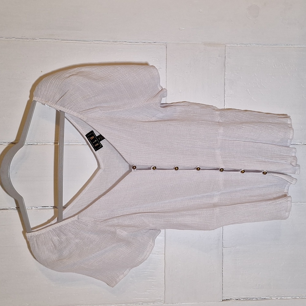White double v neck button down soft blouse